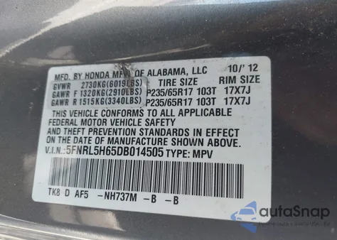 2013 Honda Odyssey Ex-L from USA, damaged, VIN 5FNRL5H65DB014505